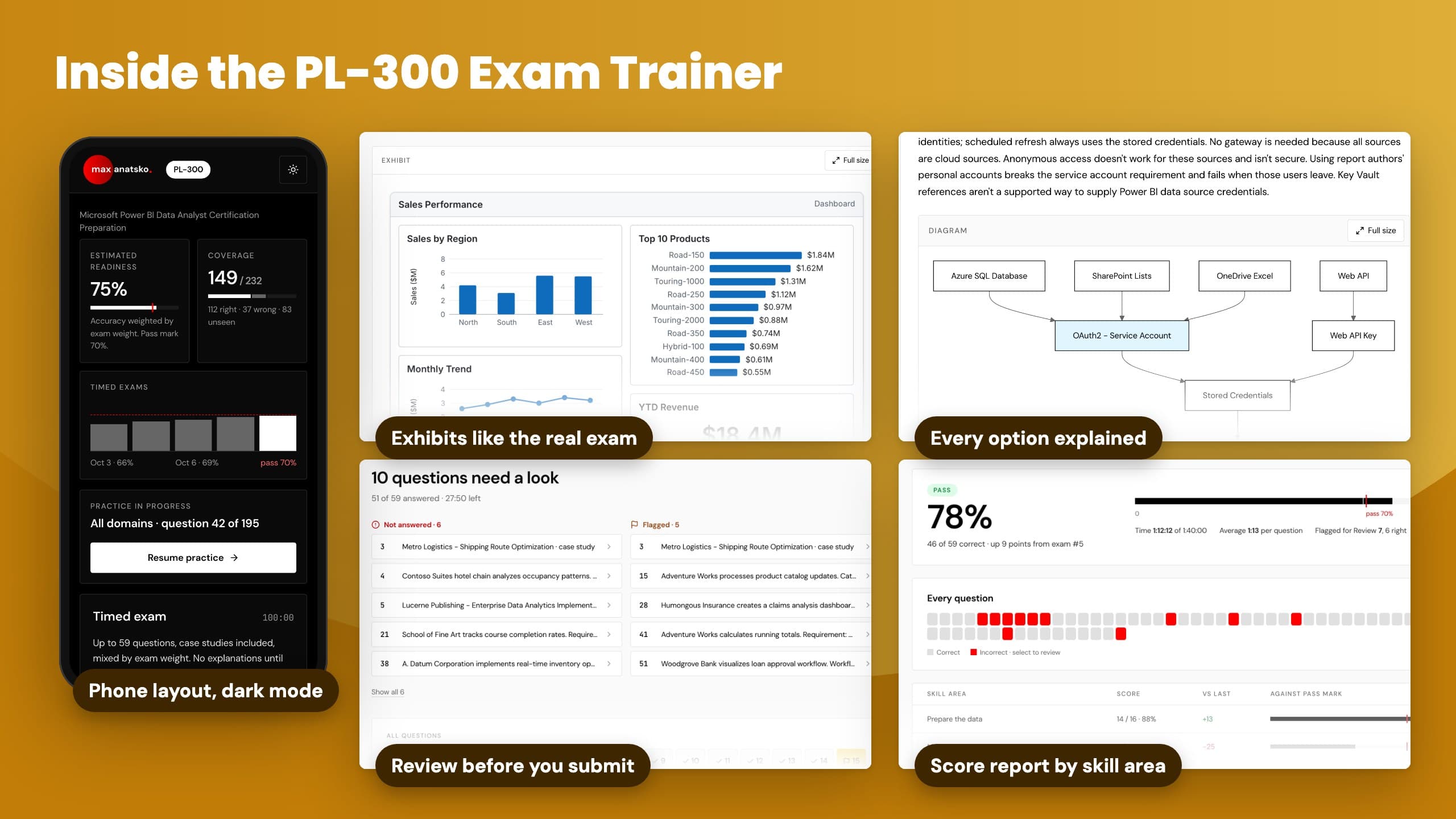 Screens from the PL-300 Exam Trainer: timed mock, explanations, exhibits and case studies