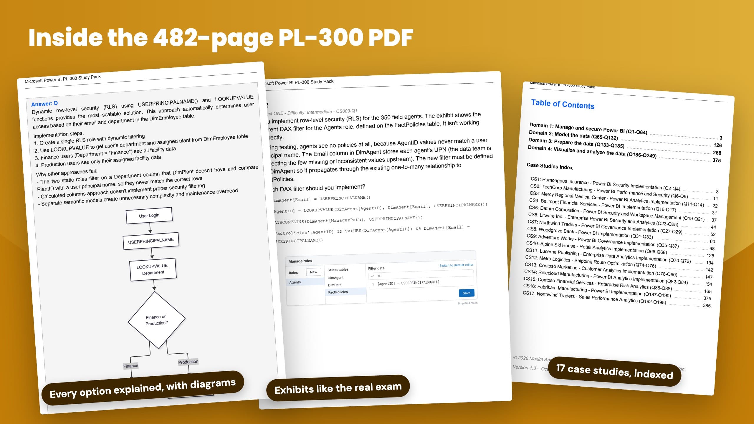 Pages from the PL-300 Study Pack PDF: a question, an explanation with a diagram, and Microsoft Learn references