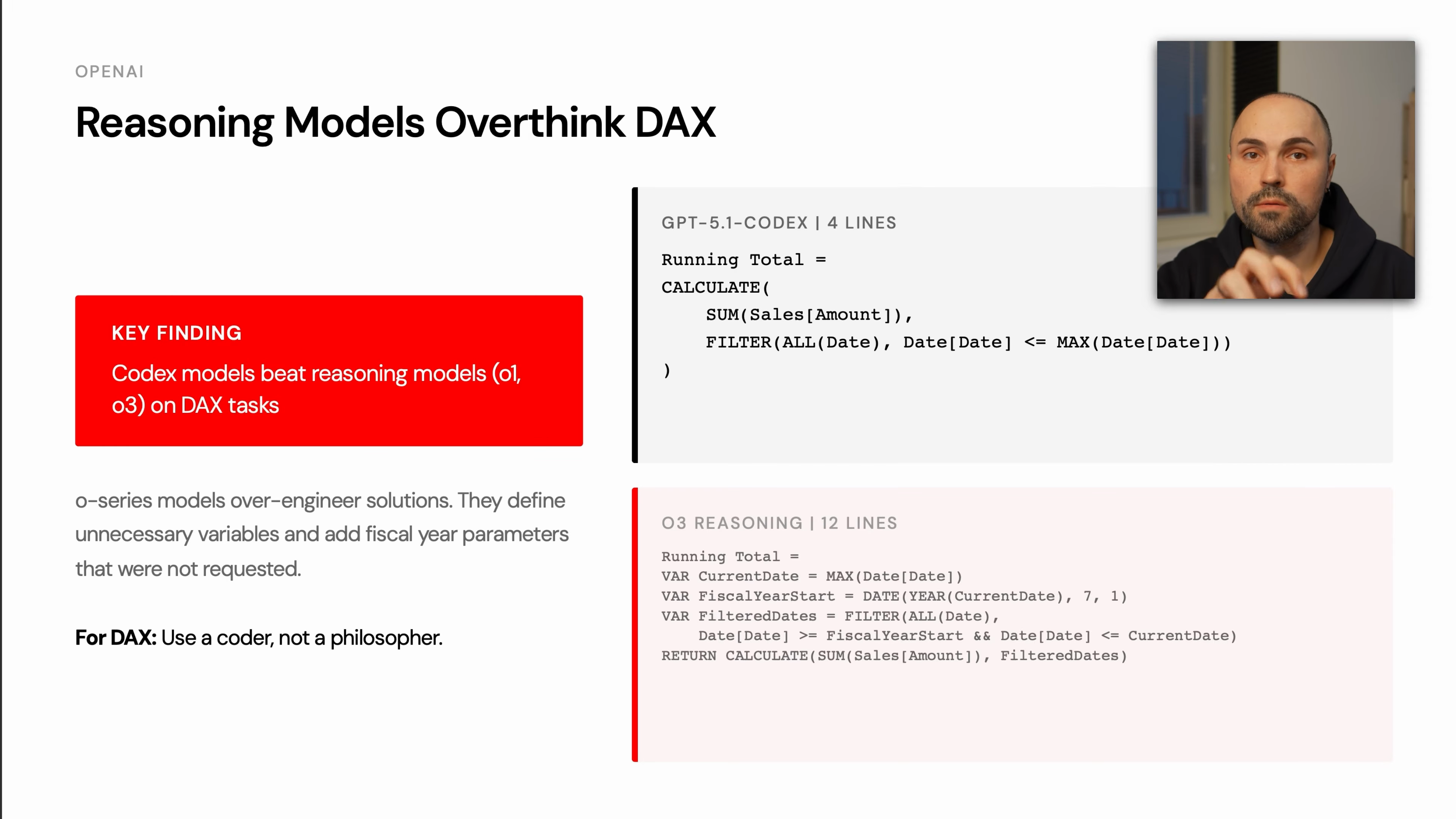 Example showing a concise Codex DAX solution compared with a longer reasoning-model solution that adds unnecessary variables and complexity.