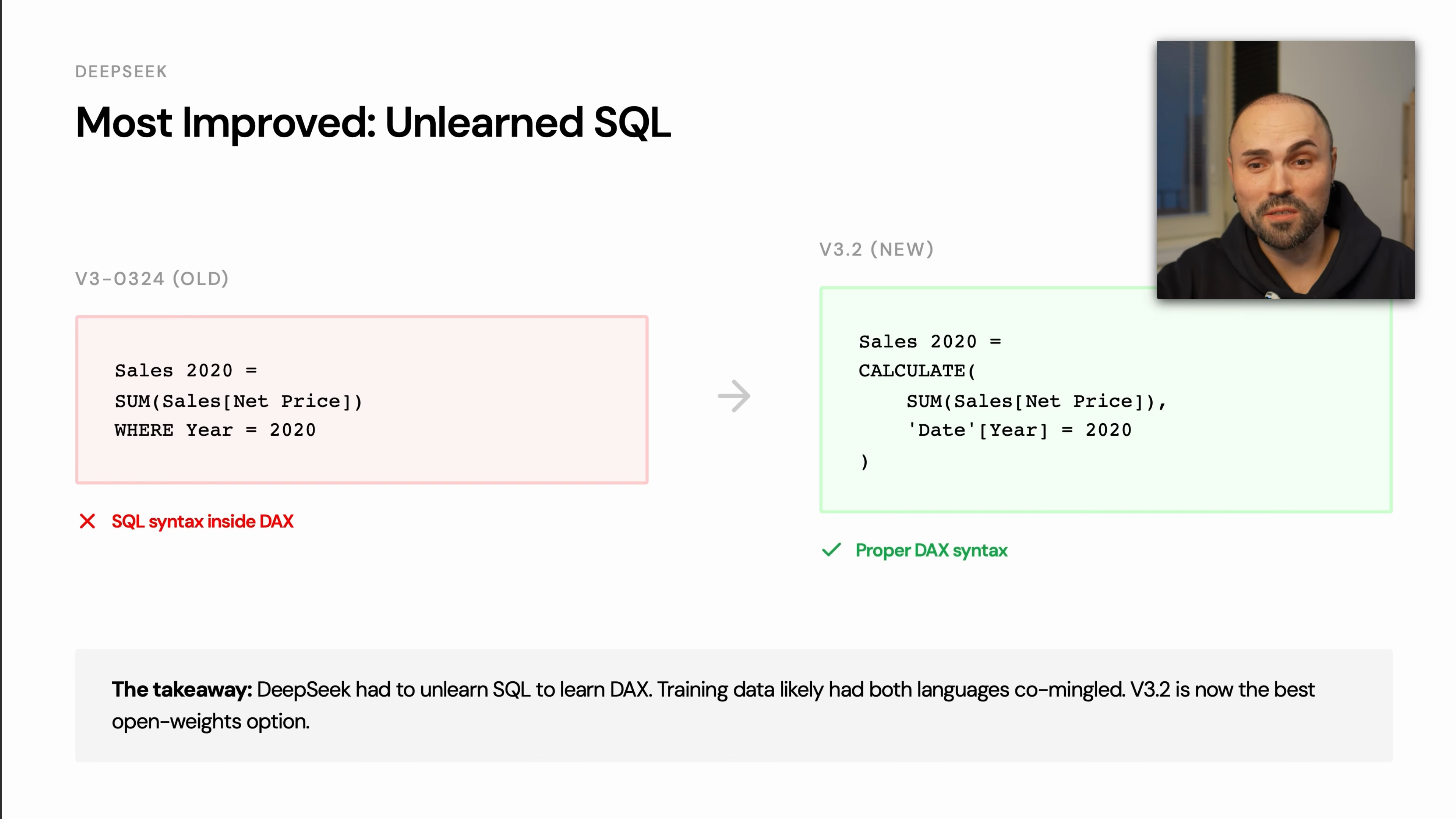 DeepSeek comparison showing an older model mixing SQL-style syntax into DAX and a newer model producing valid DAX syntax.