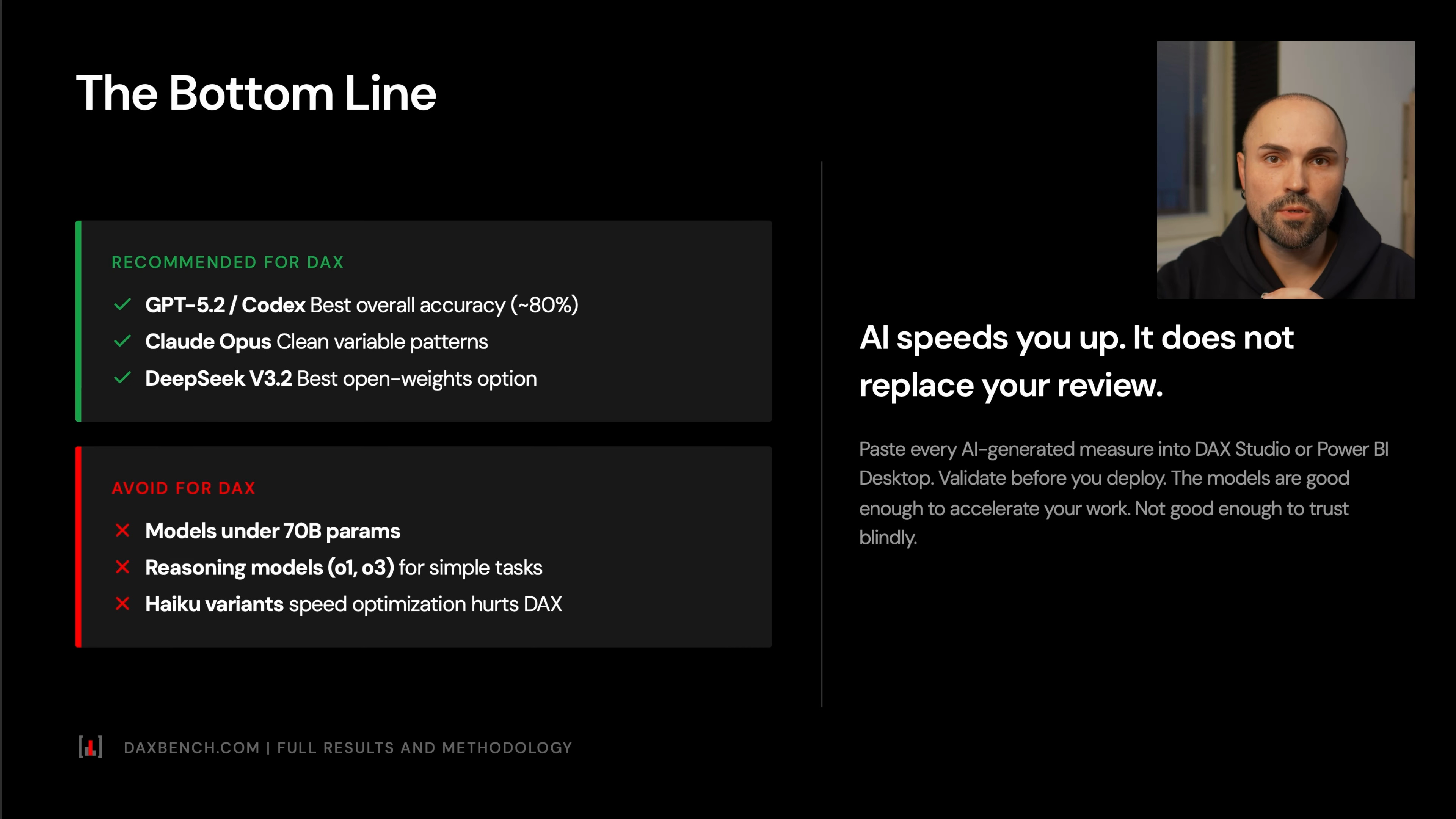 Bottom-line recommendation slide listing preferred models for DAX and models to avoid for production DAX work.