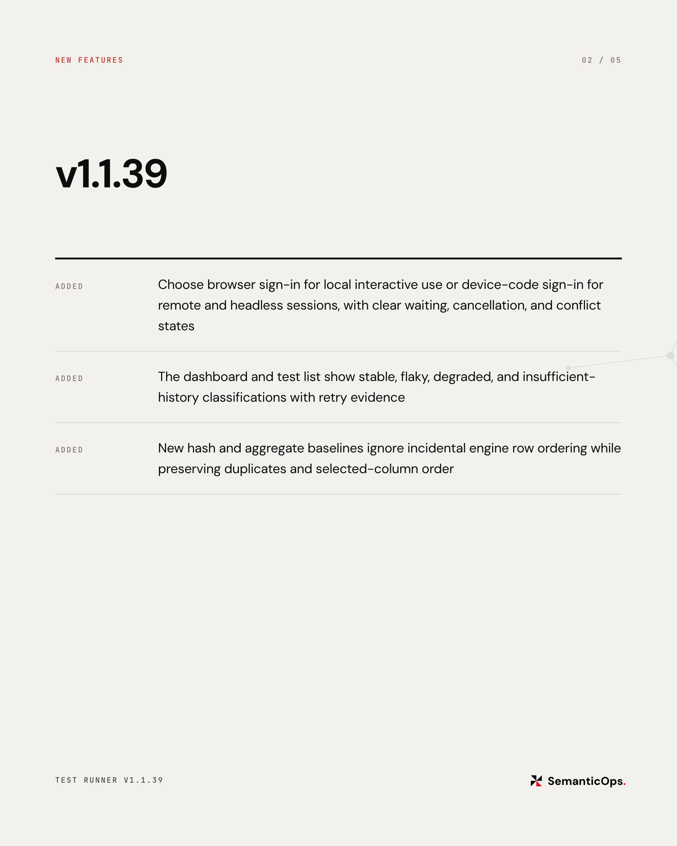 SemanticOps Test Runner v1.1.39 new features: flexible sign-in, test stability classification, order-tolerant baselines